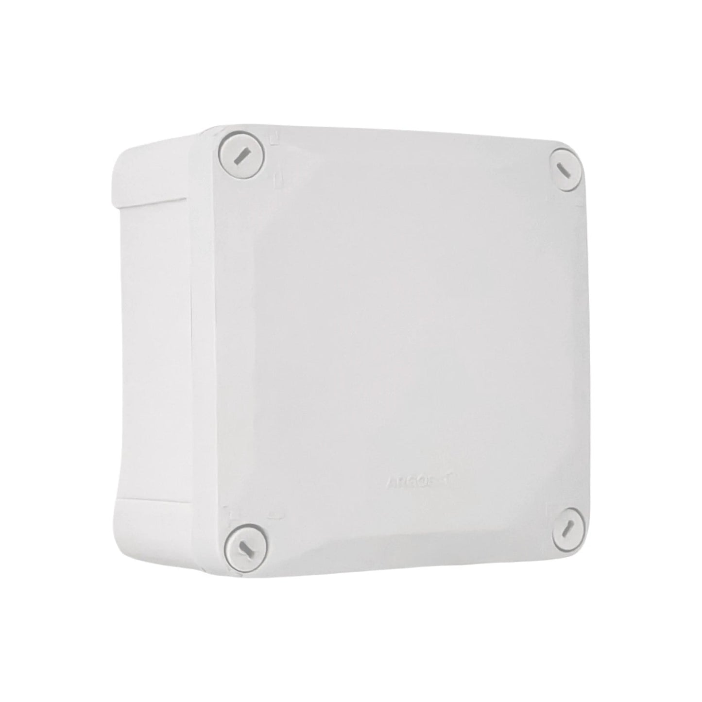 Caja de derivación estanca blanca cuadrada de plástico Argos-T con tapa atornillable, ideal para instalaciones eléctricas exteriores.