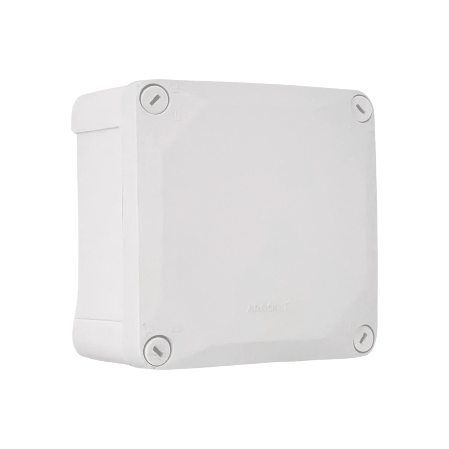 Caja de derivación estanca blanca cuadrada de plástico Argos-T con tapa atornillable, ideal para instalaciones eléctricas exteriores.