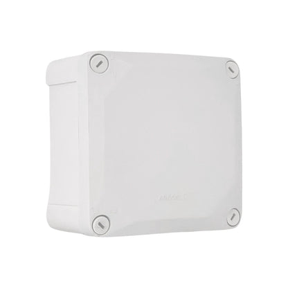 Caja de derivación estanca blanca cuadrada de plástico Argos-T con tapa atornillable, ideal para instalaciones eléctricas exteriores.