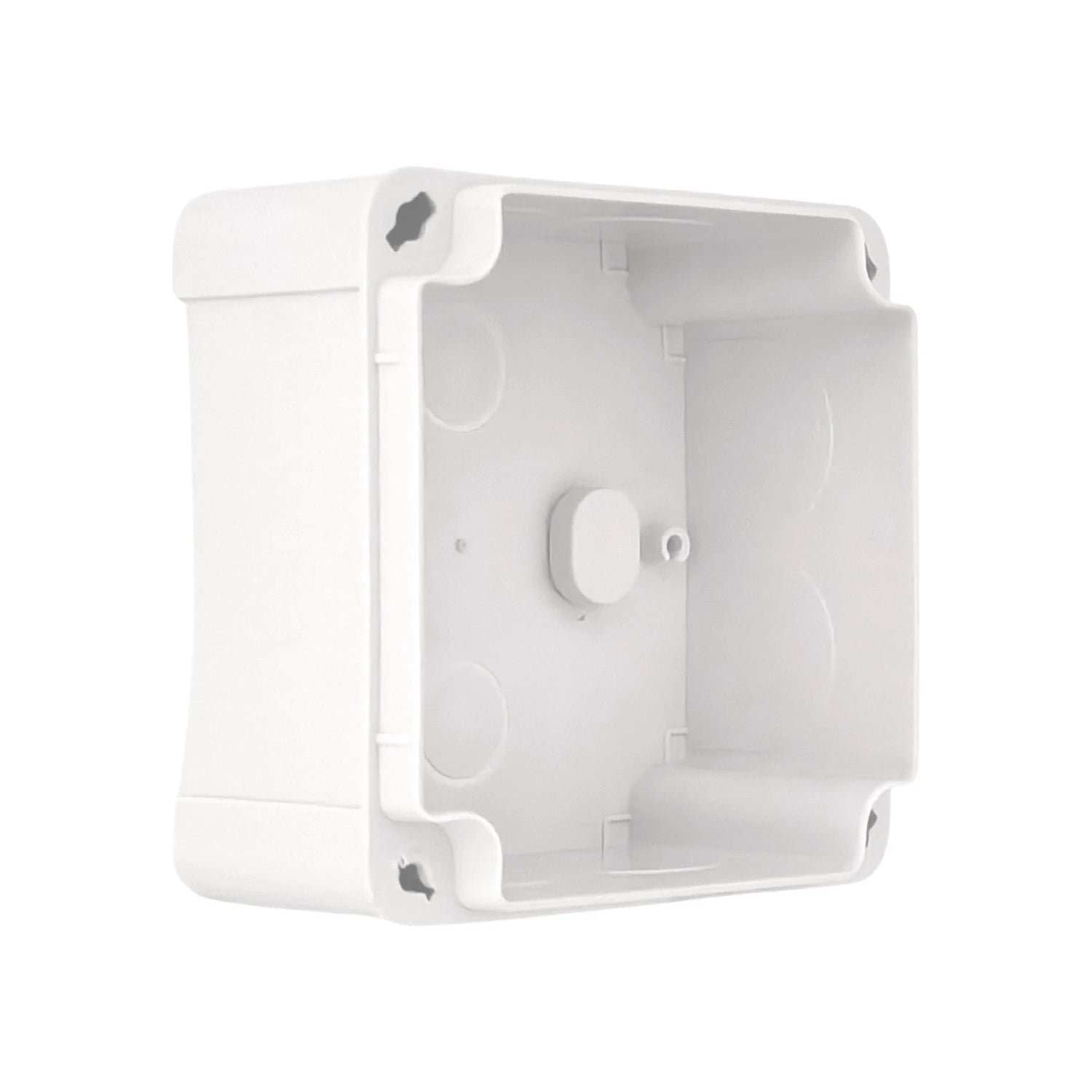 Caja estanca de plástico blanca para derivación eléctrica, IP55, con fijaciones y puntos de entrada pre-formados.