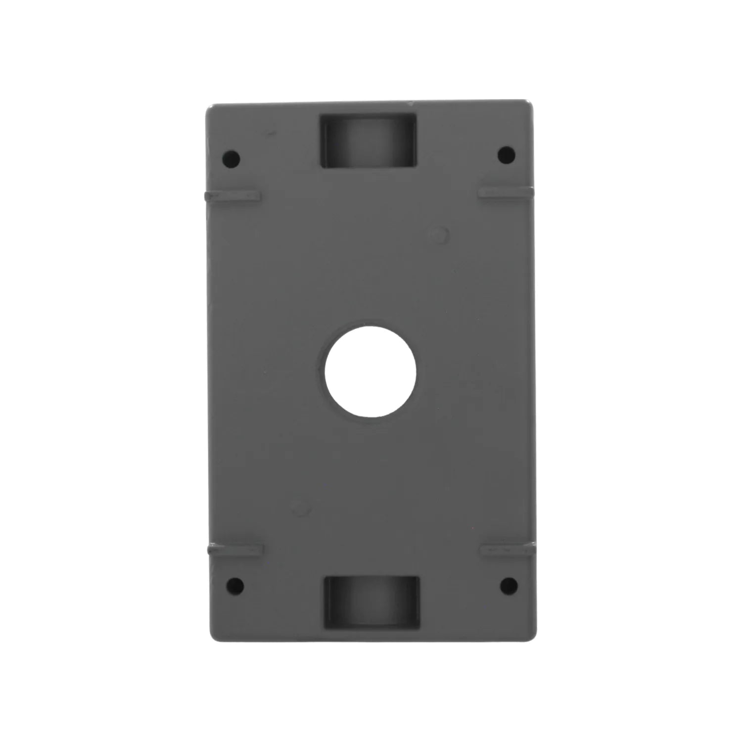 Tapa de PVC gris para caja eléctrica rectangular con orificio circular central y cuatro orificios de montaje