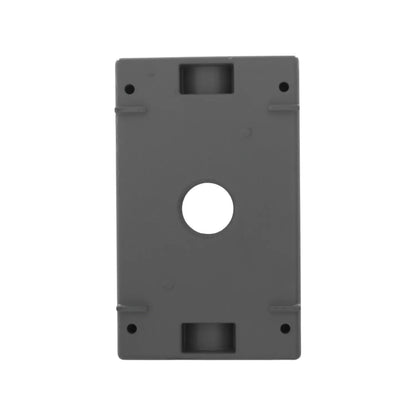 Tapa de PVC gris para caja eléctrica rectangular con orificio circular central y cuatro orificios de montaje