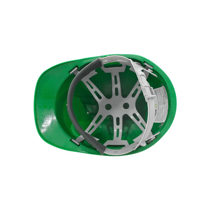 Vista interna de casco de seguridad verde con suspensión ajustable y banda antisudor acolchada para protección industrial