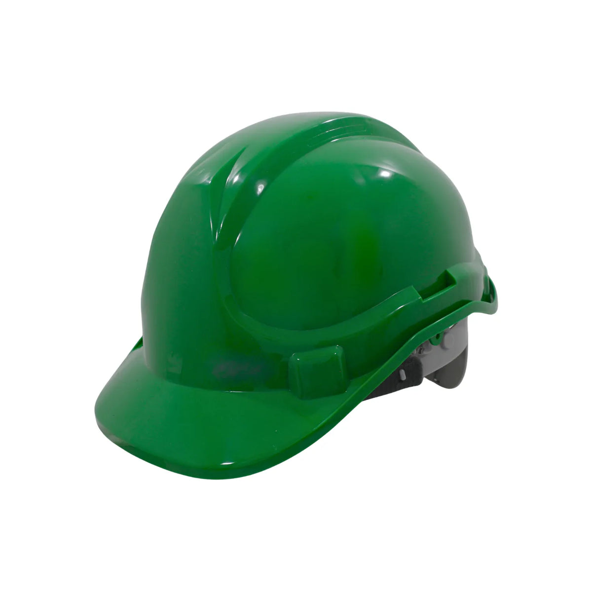 Casco de seguridad industrial color verde para protección en construcción y minería con ajuste regulable.