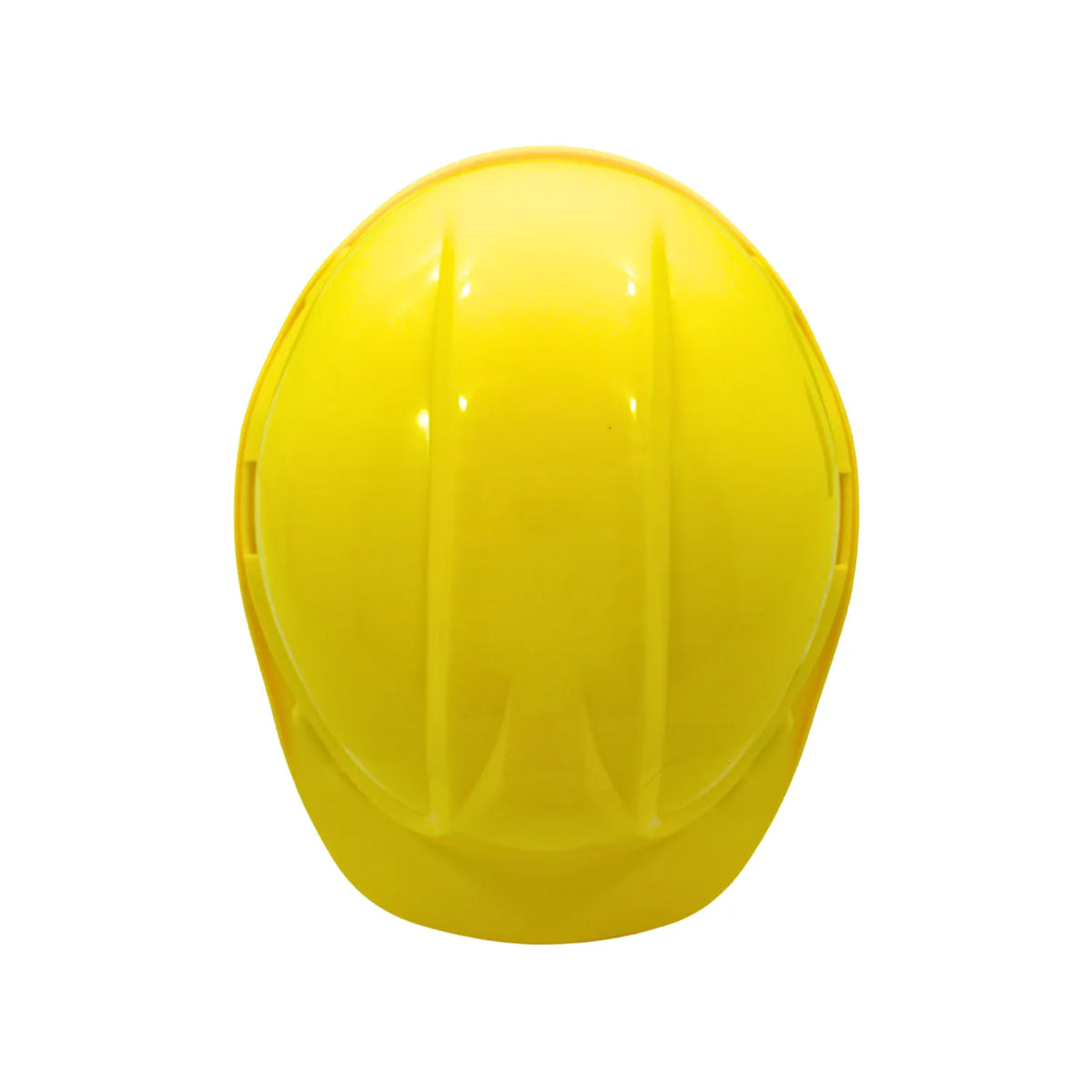 Casco de seguridad amarillo ajustable para protección industrial y obras de construcción vista superior.