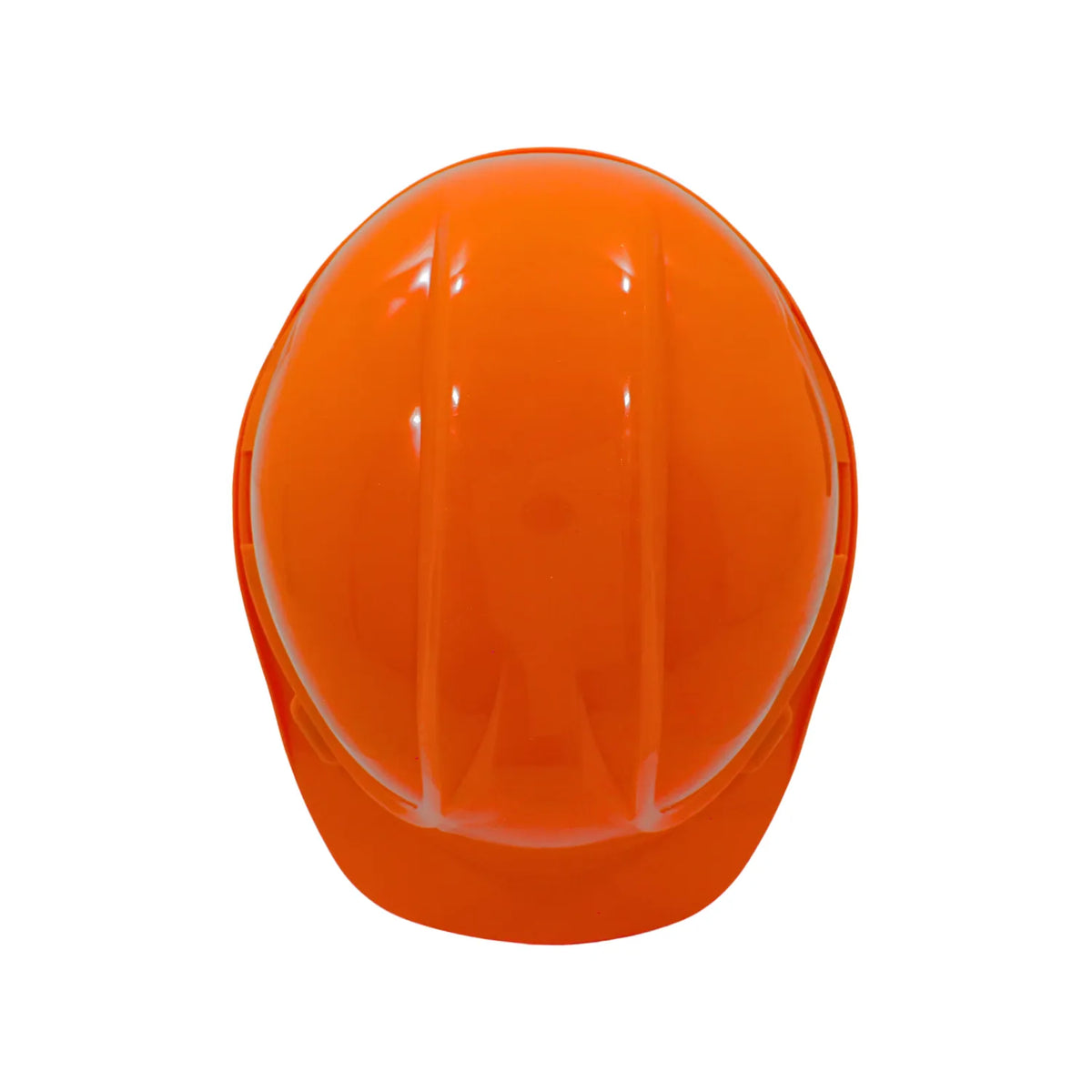 Casco de seguridad naranja industrial para protección en obras de construcción con refuerzo superior contra impactos.