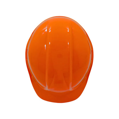 Casco de seguridad naranja industrial para protección en obras de construcción con refuerzo superior contra impactos.