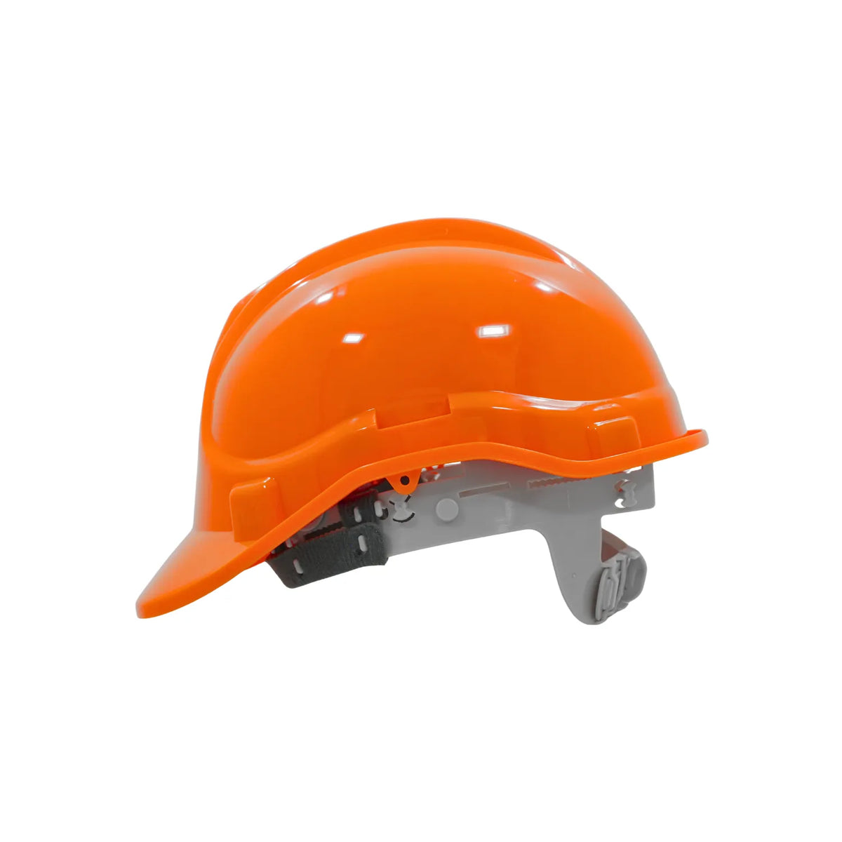 Casco de seguridad naranja con suspensión ajustable para protección industrial y construcción.
