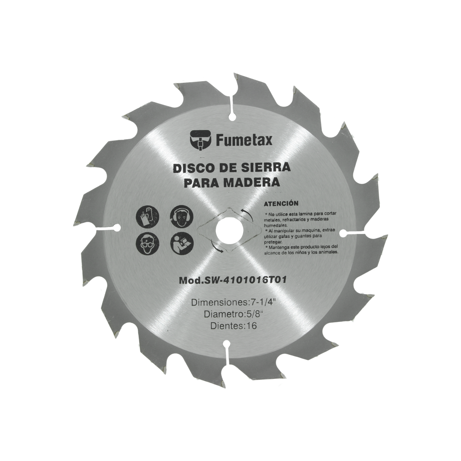 Fabricado en acero endurecido.,16 dientes de carburo de tungstenio.,Corte madera.,DiÃ¡metro: 7 1/4" (184 mm).,Eje: 5/8",Alta frecuencia en soldadura lo que permita mÃ¡s resistencia al desprendimiento.,No utilice esta lamina para cortar metales, refractarios y maderas hÃºmedas.,Usar guantes y lentes de protecciÃ³n al momento de su uso.