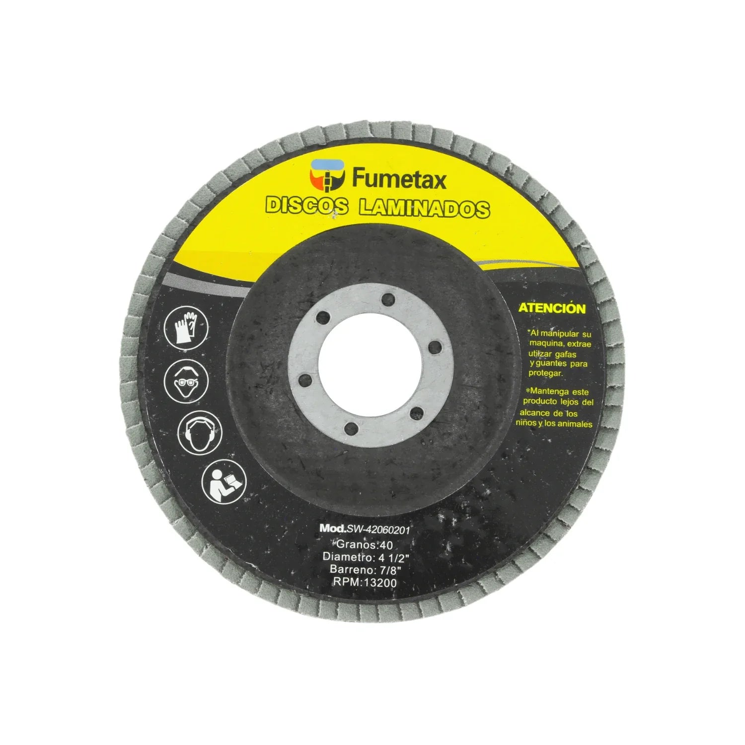 Fabricado de óxido de aluminio.,Disco para desbaste.,Diámetro: 4 1/2" (114 mm).,Eje: 7/8" (22.23 mm).,Velocidad 13200 RPM,Disco laminado grano 40,Ideal para trabajar en madera fibra de vidrio y metal.,Usar guantes y lentes de protección al momento de su uso.