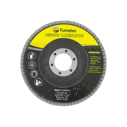Fabricado de óxido de aluminio.,Disco para desbaste.,Diámetro: 4 1/2" (114 mm).,Eje: 7/8" (22.23 mm).,Velocidad 13200 RPM,Disco laminado grano 40,Ideal para trabajar en madera fibra de vidrio y metal.,Usar guantes y lentes de protección al momento de su uso.