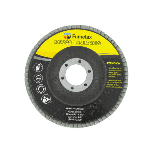 Fabricado de óxido de aluminio.,Disco para desbaste.,Diámetro: 4 1/2" (114 mm).,Eje: 7/8" (22.23 mm).,Velocidad 13200 RPM,Disco laminado grano 40,Ideal para trabajar en madera fibra de vidrio y metal.,Usar guantes y lentes de protección al momento de su uso.