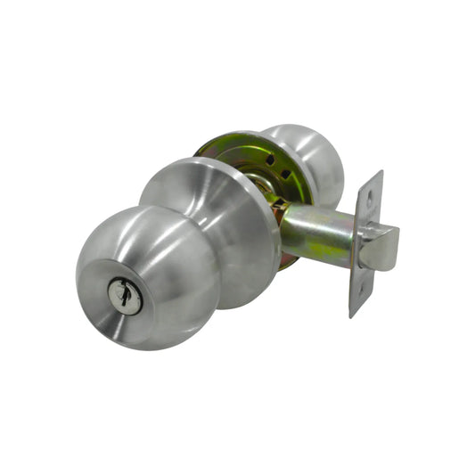 Cerradura de pomo esférico en acero inoxidable con llave y pestillo para seguridad en puertas de entrada.