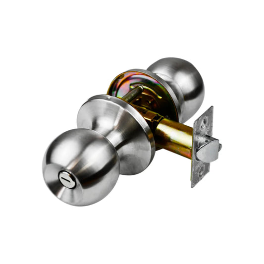 Chapa para baño.,Cerradura tubular.,Para baño.,Función ranura/botón.,Acabado acero inoxidable.,150 K ciclos.