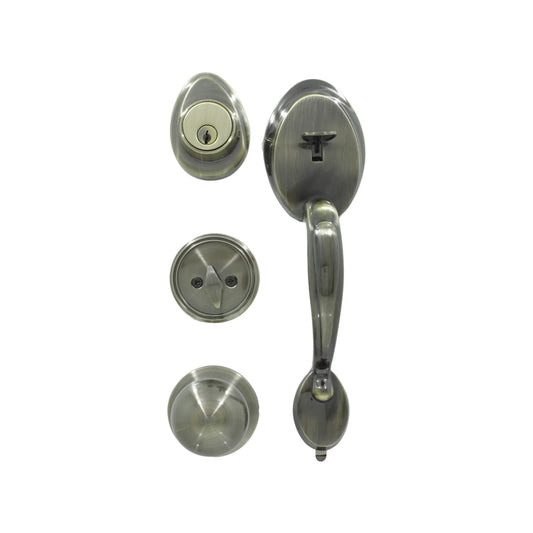 Cerradura de seguridad para entrada principal, kit manija exterior y pomo interior, acabado bronce antiguo.