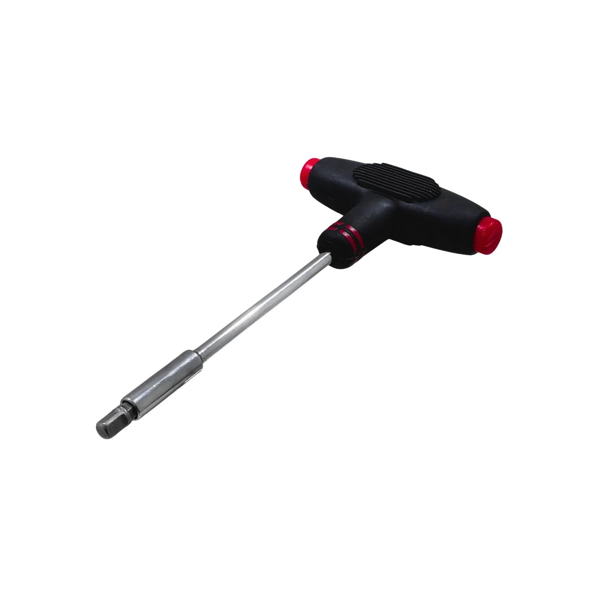 Desarmador tipo T mango ergonómico negro y rojo, con punta hexagonal plateada