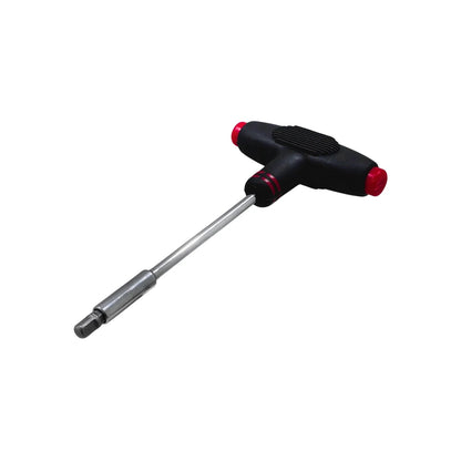 Desarmador tipo T mango ergonómico negro y rojo, con punta hexagonal plateada