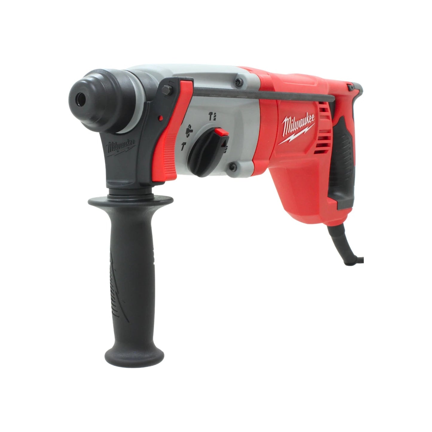 Rotomartillo eléctrico Milwaukee rojo y gris con mandril SDS Plus y mango auxiliar ergonómico