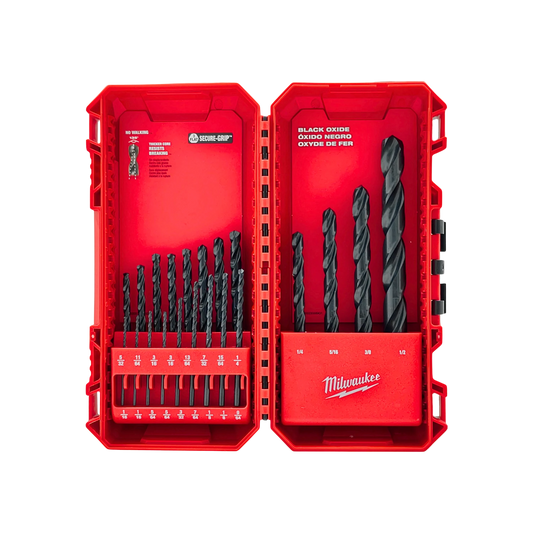 Juego de 21 brocas Milwaukee de óxido negro para taladro, alta velocidad, en estuche rojo.