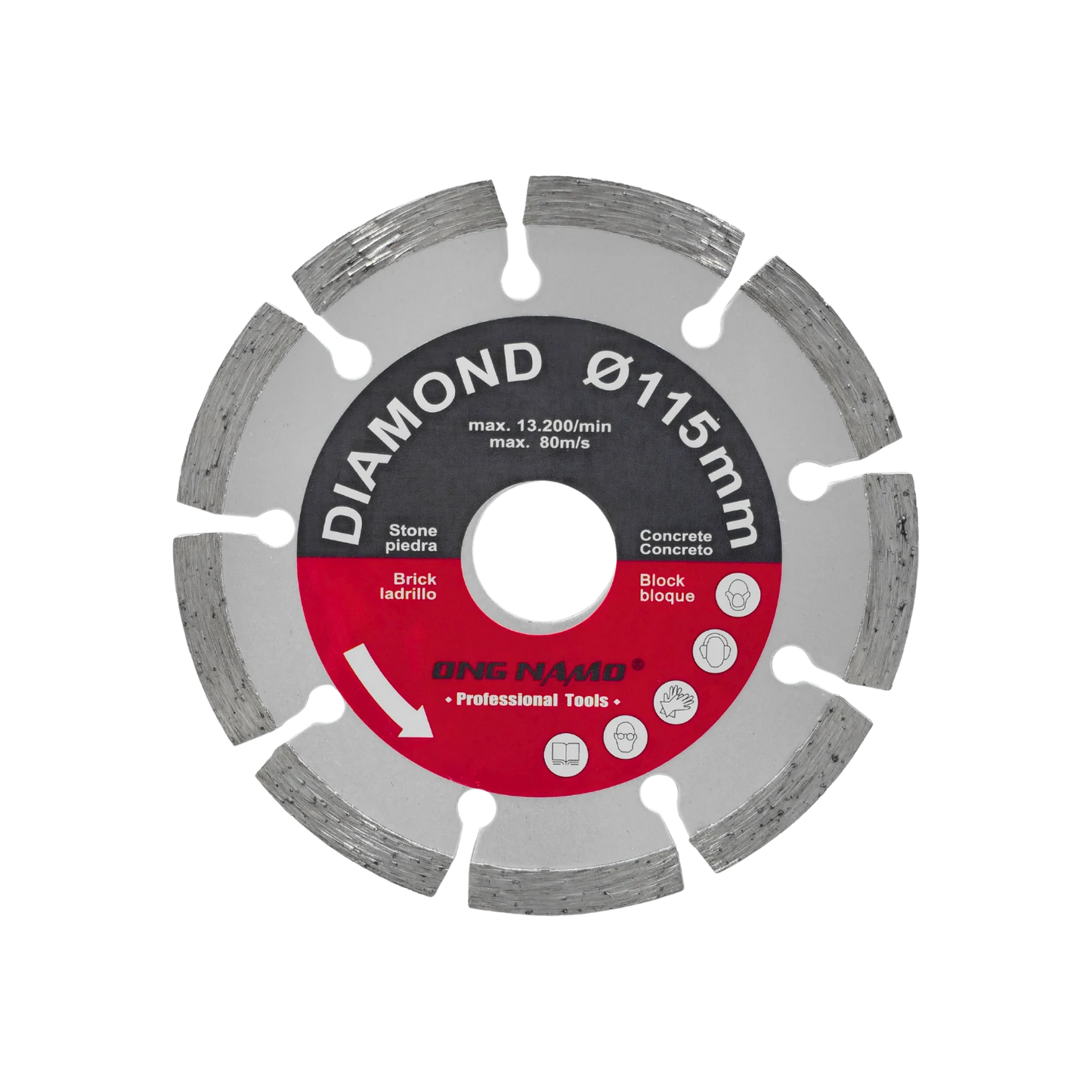 Disco diamantado Ong Namo segmentado Ø115mm para corte de concreto, ladrillo, piedra y bloque, uso profesional.