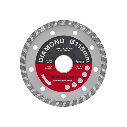 Disco diamantado ONG NAM® Ø115mm turbo para corte de piedra, ladrillo, concreto y bloque. Herramienta profesional.