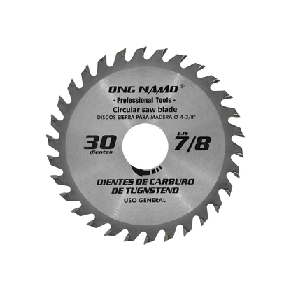 Disco sierra circular ONG NAMO 4-3/8 pulgadas, 30 dientes de carburo, eje 7/8 para madera