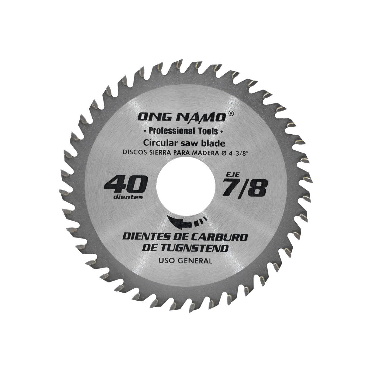 Disco sierra circular ONG NAMO 4 3/8" para madera, 40 dientes carburo tungsteno, eje 7/8"