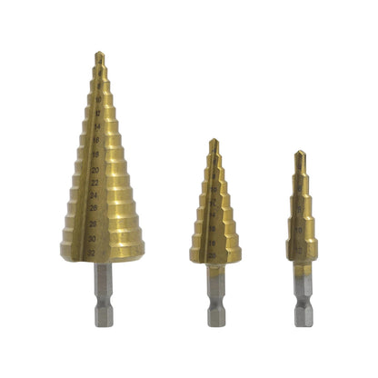Juego de 3 brocas escalonadas doradas para metal, vástago hexagonal, para perforar de 4 a 32mm