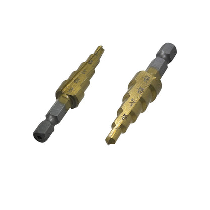 Brocas escalonadas de titanio para metal, doradas, con vástago hexagonal, medidas grabadas, para perforación precisa.