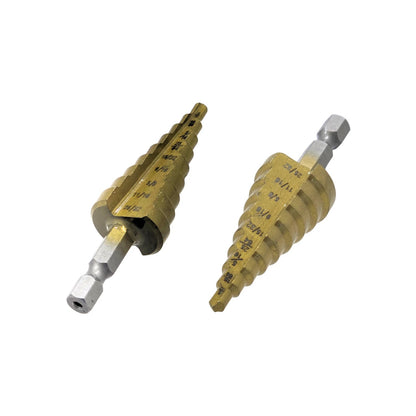 Brocas escalonadas para metal con vástago hexagonal, medidas grabadas, tono dorado para perforación de precisión.