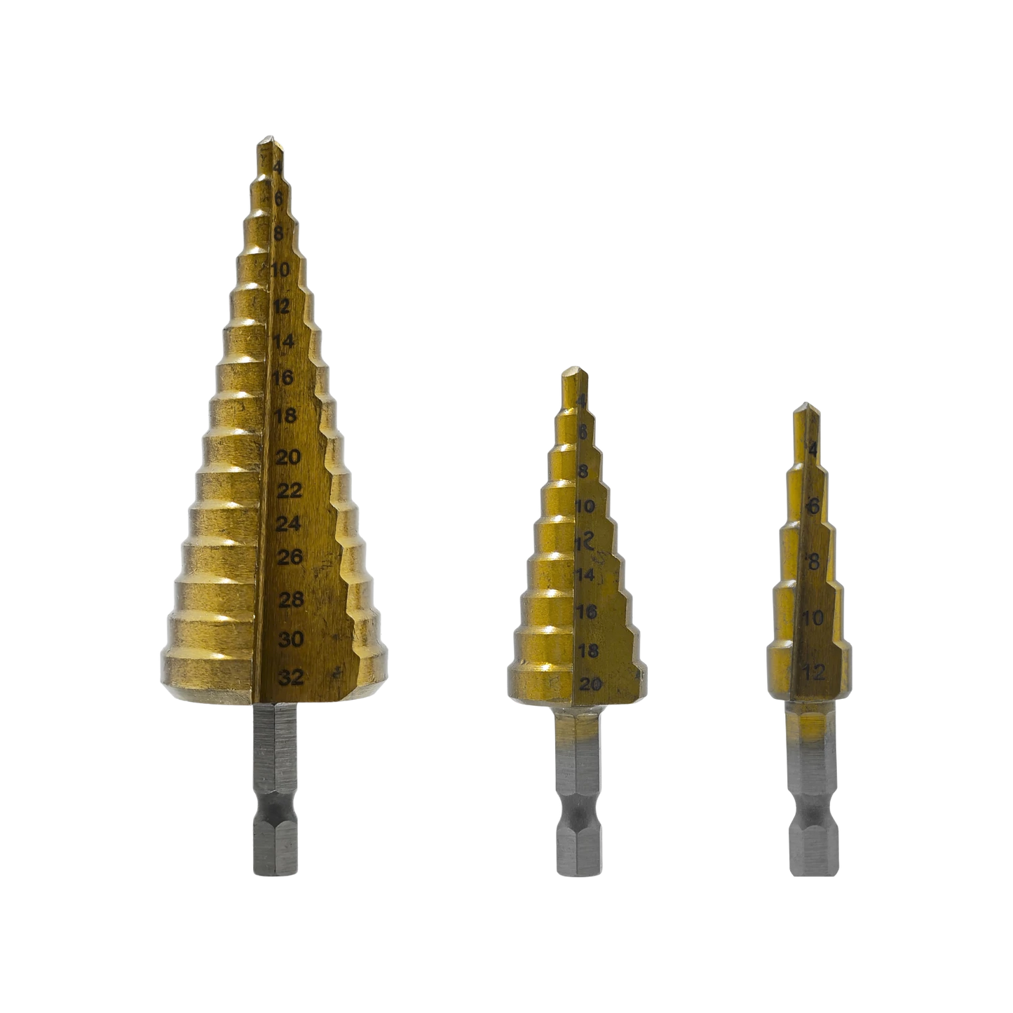 Juego de 3 brocas escalonadas doradas para metal, vástago hexagonal, perforación de 4mm a 32mm para acero y aluminio.