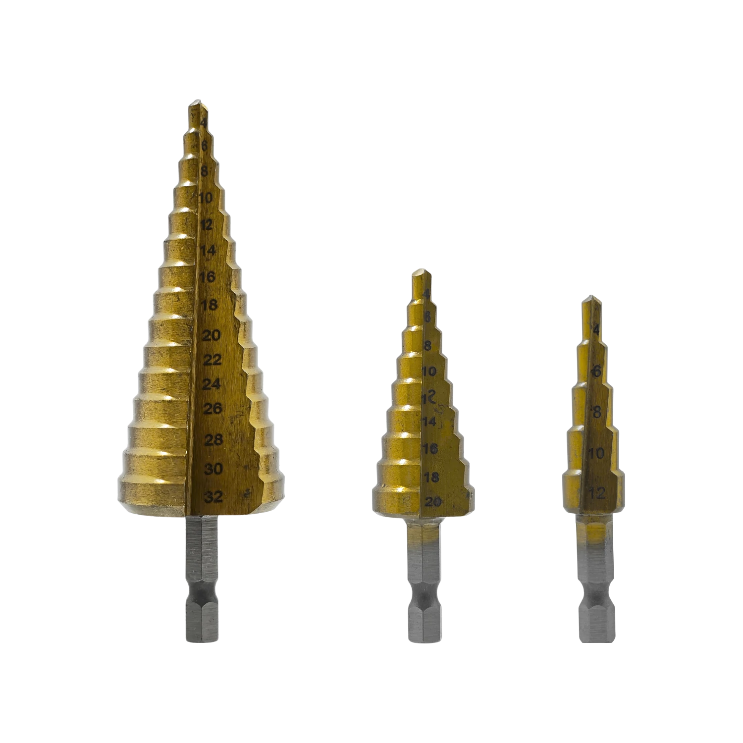 Juego de 3 brocas escalonadas doradas para metal, vástago hexagonal, perforación de 4mm a 32mm para acero y aluminio.
