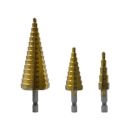 Juego de 3 brocas escalonadas doradas para metal, vástago hexagonal, perforación de 4mm a 32mm para acero y aluminio.