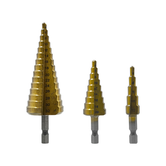 Juego de 3 brocas escalonadas doradas para metal, vástago hexagonal, perforación de 4mm a 32mm para acero y aluminio.
