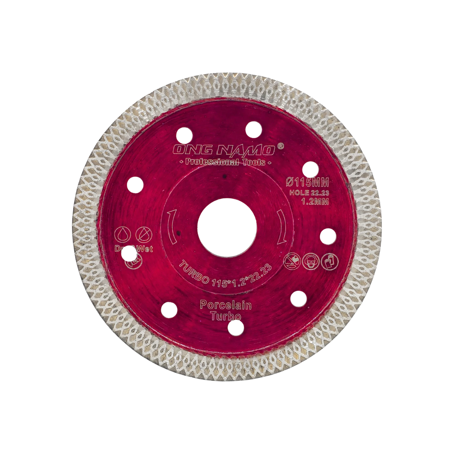 Disco diamantado turbo ONG NAM rojo 115mm para porcelana, corte seco y húmedo profesional