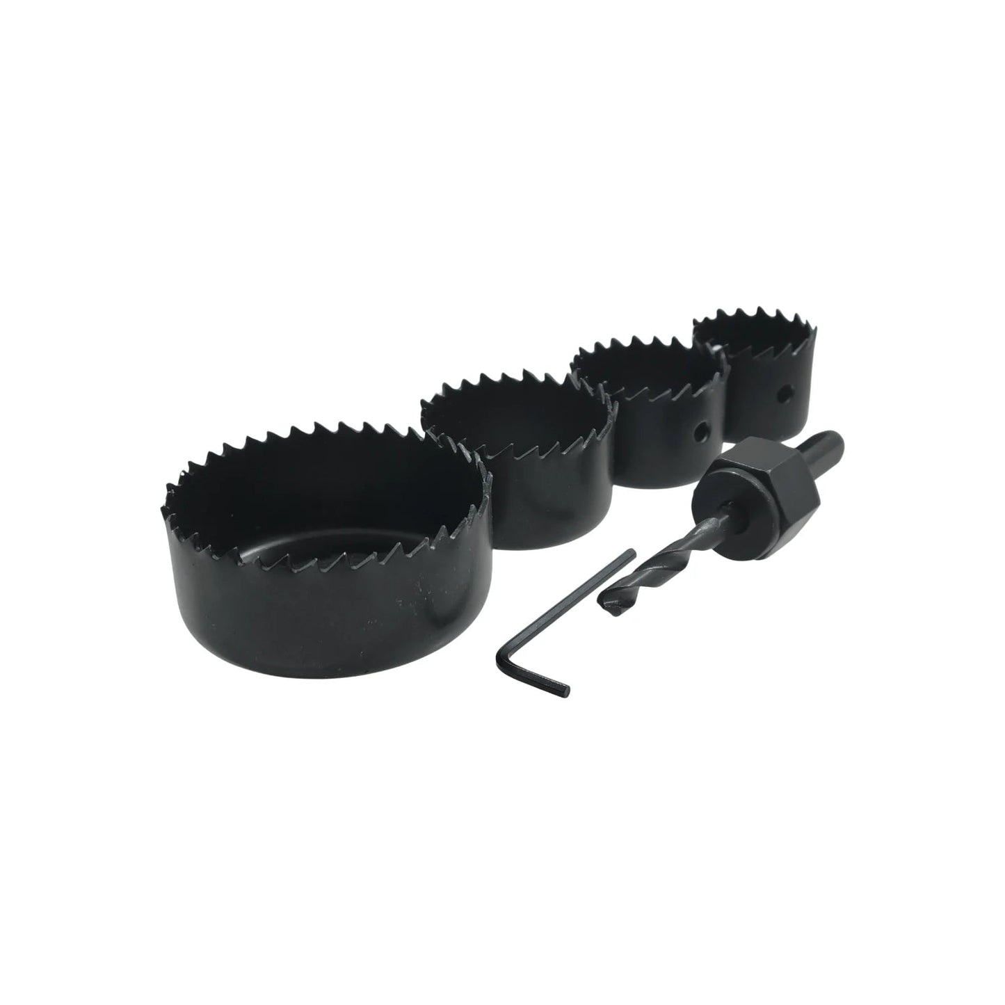 Set de corta círculos negro 6 piezas con 4 sierras, broca piloto y llave hexagonal para madera y plástico.
