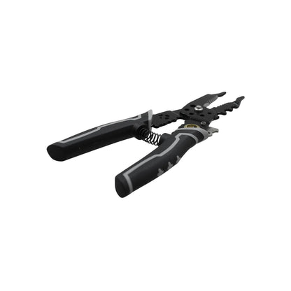 Pelacables multifunción con mango ergonómico negro y gris y resorte para corte y pelado de cables eléctricos