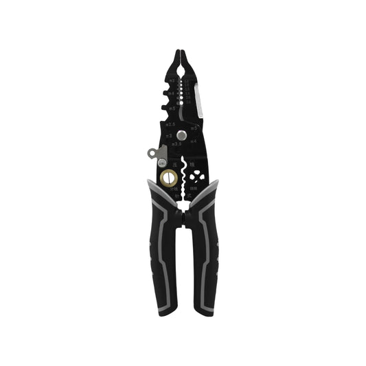 Alicate pelacables multifuncional negro y gris para electricista con funciones de corte, pelado y crimpado.