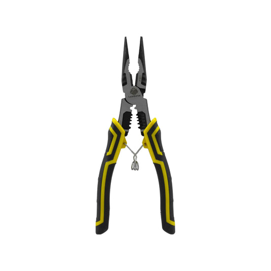 Alicate pelacables multifunción Lumavue acero CR-V mango ergonómico amarillo y negro para trabajos eléctricos.