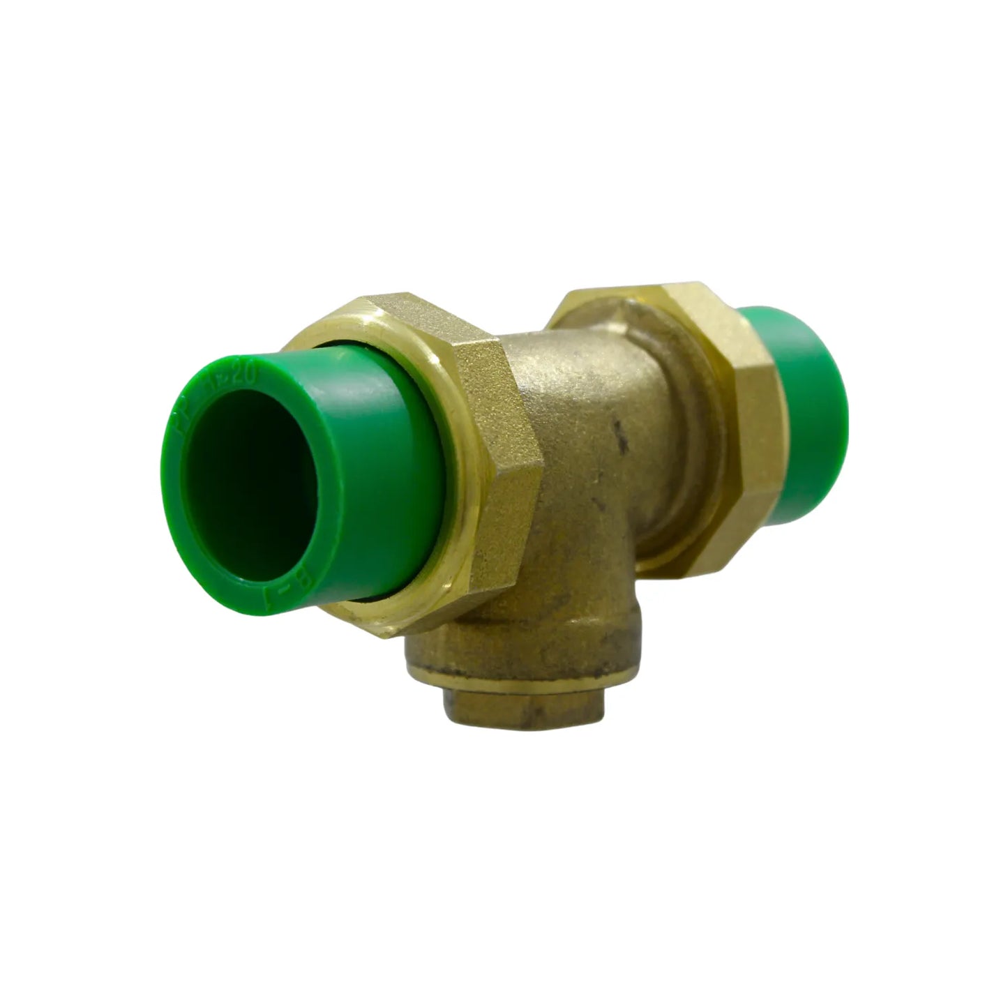 Unión de latón con terminales PPR verde de 20mm para instalaciones de fontanería por termofusión