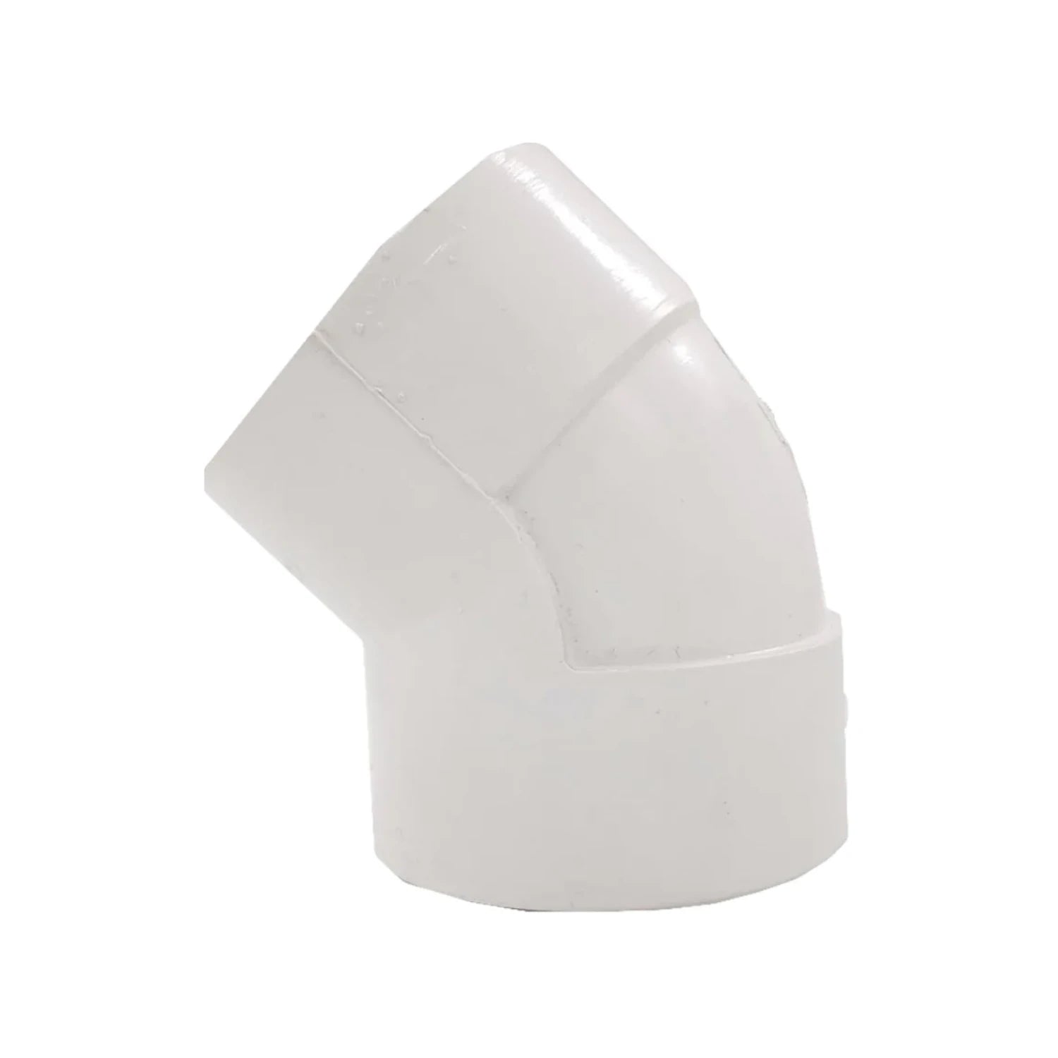 Codo PVC blanco de 45 grados, accesorio de fontanería para sistemas de tuberías sanitarias.