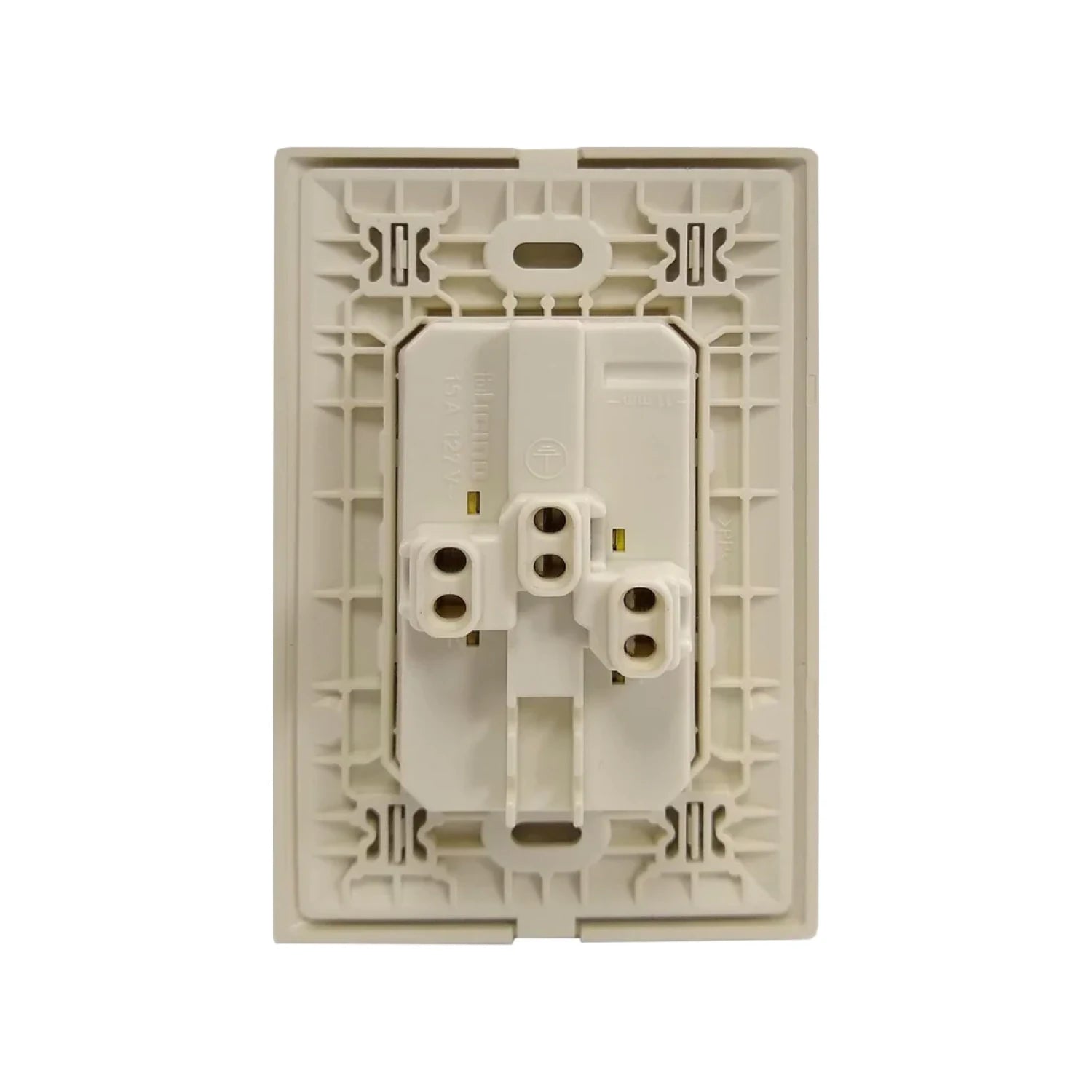 Bticino Modus contacto dúplex marfil 15A 127V vista posterior para cableado eléctrico.