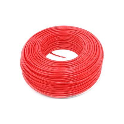 Cable eléctrico rojo en bobina, calibre 8, 100 metros, ideal para instalaciones eléctricas residenciales.