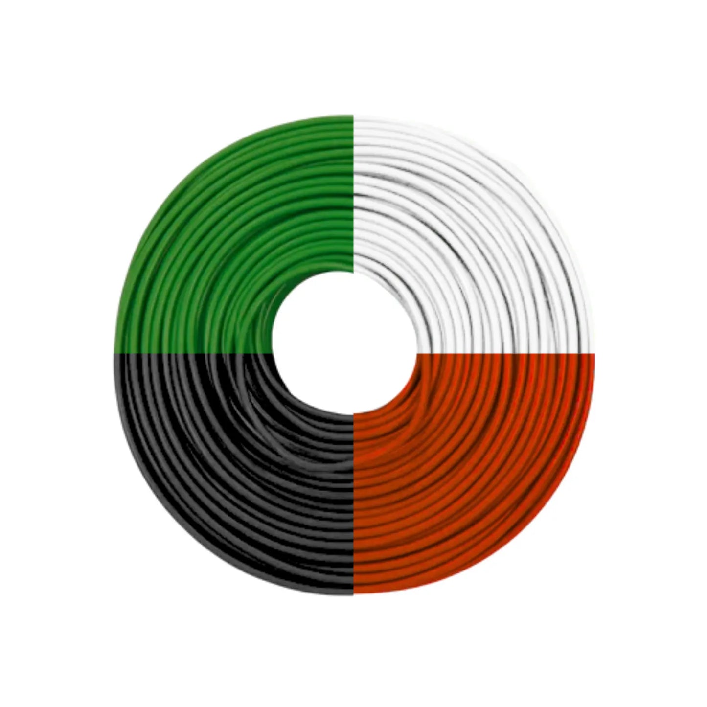 Rollo de cable eléctrico de colores verde blanco negro y rojo para instalaciones y reparaciones eléctricas