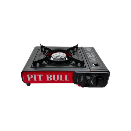 Estufa de gas portátil Pit Bull, un quemador, color negro y rojo, ideal para camping y exteriores
