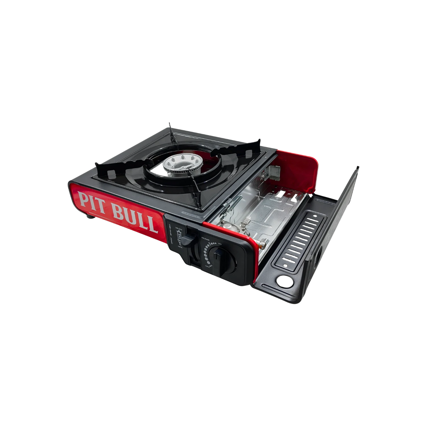 Estufa portátil Pit Bull de gas con un quemador, color rojo y negro, ideal para camping y exteriores.