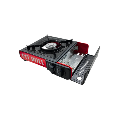 Estufa portátil Pit Bull de gas con un quemador, color rojo y negro, ideal para camping y exteriores.