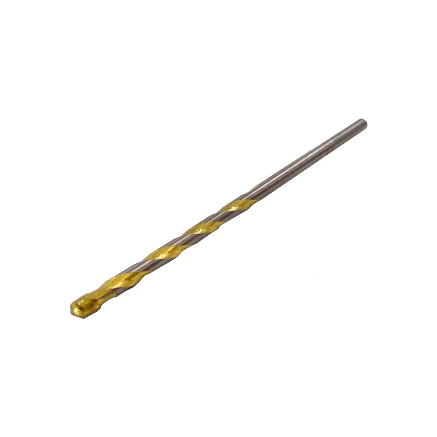 Broca para concreto 1/8"x3" con punta de carburo, vástago plateado y espiral dorada.