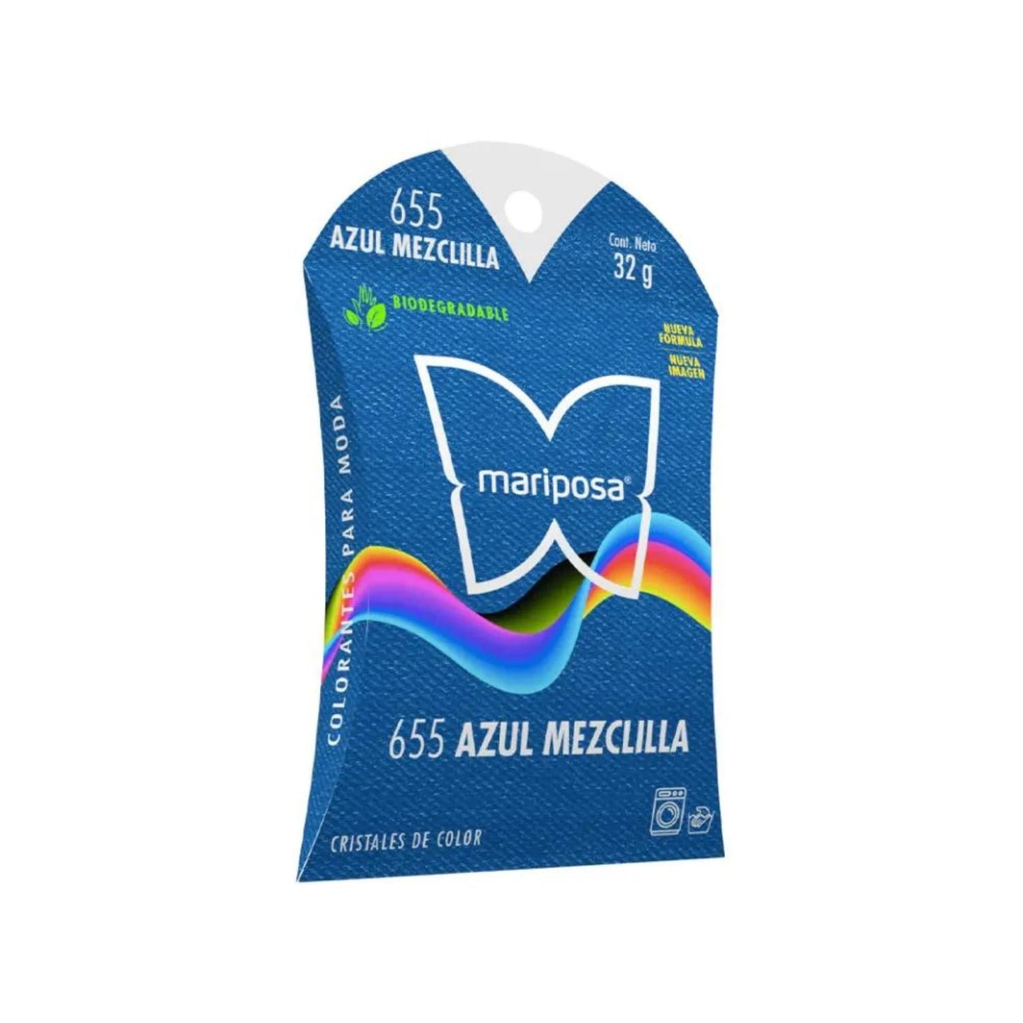 Colorante Mariposa 655 azul mezclilla en cristales, para teñir ropa y telas, biodegradable 32g