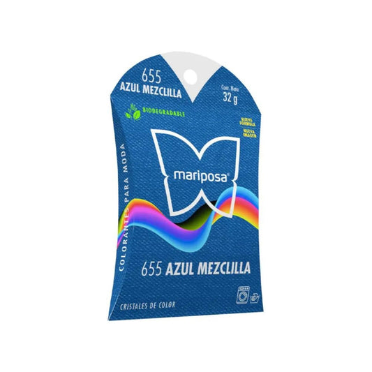 Colorante Mariposa 655 azul mezclilla en cristales, para teñir ropa y telas, biodegradable 32g